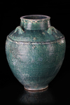 A LARGE POST SASSANIAN TURQUOISE GLAZED POTTERY STORAGE JAR, PERSIA, 6TH-8TH CENTURY