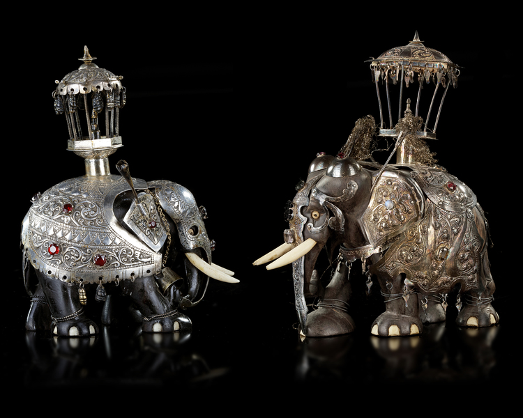 TWO EBONY WOODEN CARVED ELEPHANTS, 20TH CENTURY