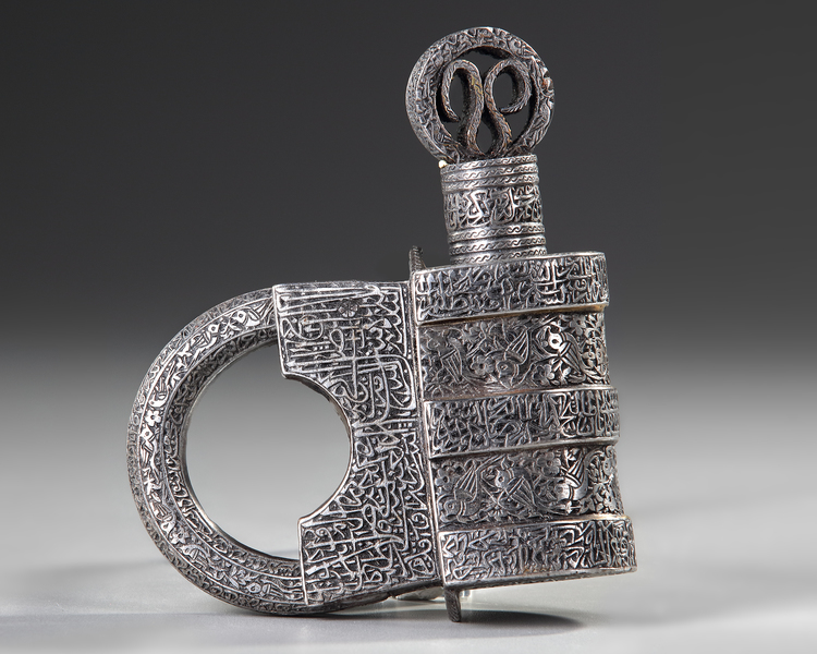 A SILVER INLAID METAL LOCK AND KEY, 20TH CENTURY