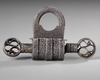 A SILVER INLAID METAL LOCK AND KEY,  20TH CENTURY