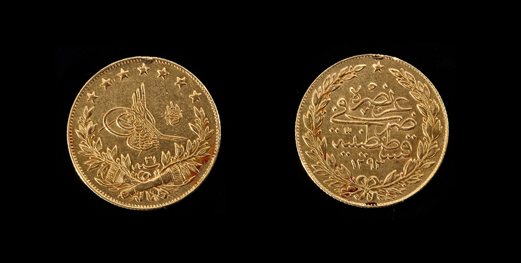 AN OTTOMAN GOLD COIN, ABDUL HAMID II, DATED 1293 AH/1876 AD