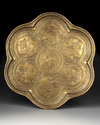 A QAJAR ENGRAVED BRASS TRAY DEPICTING SHAH ABBAS THE GREAT, PERSIA, 19TH CENTURY