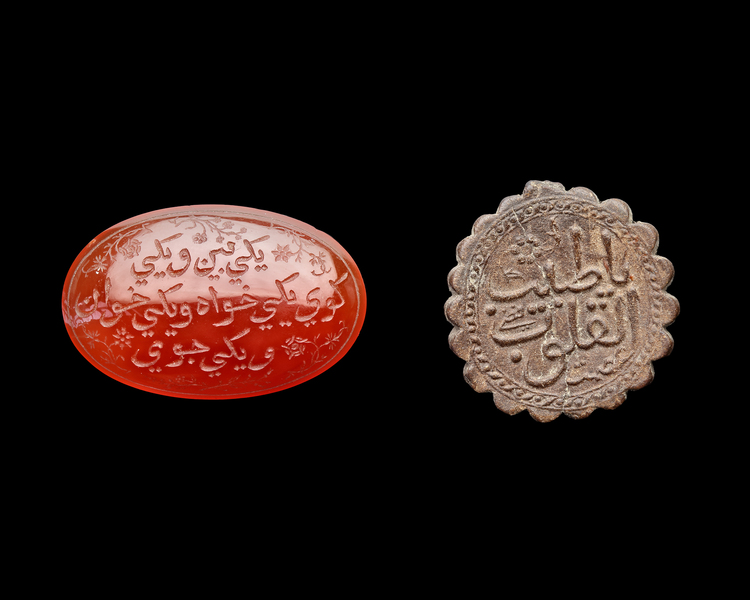 A PERSIAN AGATE AND WOODEN SEAL, QAJAR PERIOD
