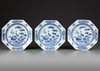 THREE CHINESE BLUE AND WHITE OCTAGONAL DISHES, 18TH CENTURY