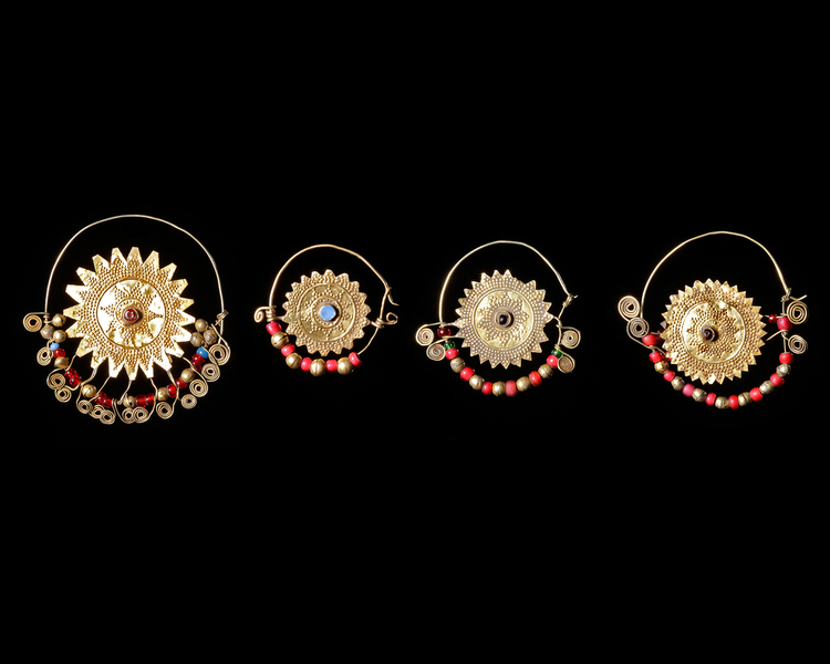 FOUR UZBEKISTAN GOLD HAIR ORNAMENTS, 19TH CENTURY
