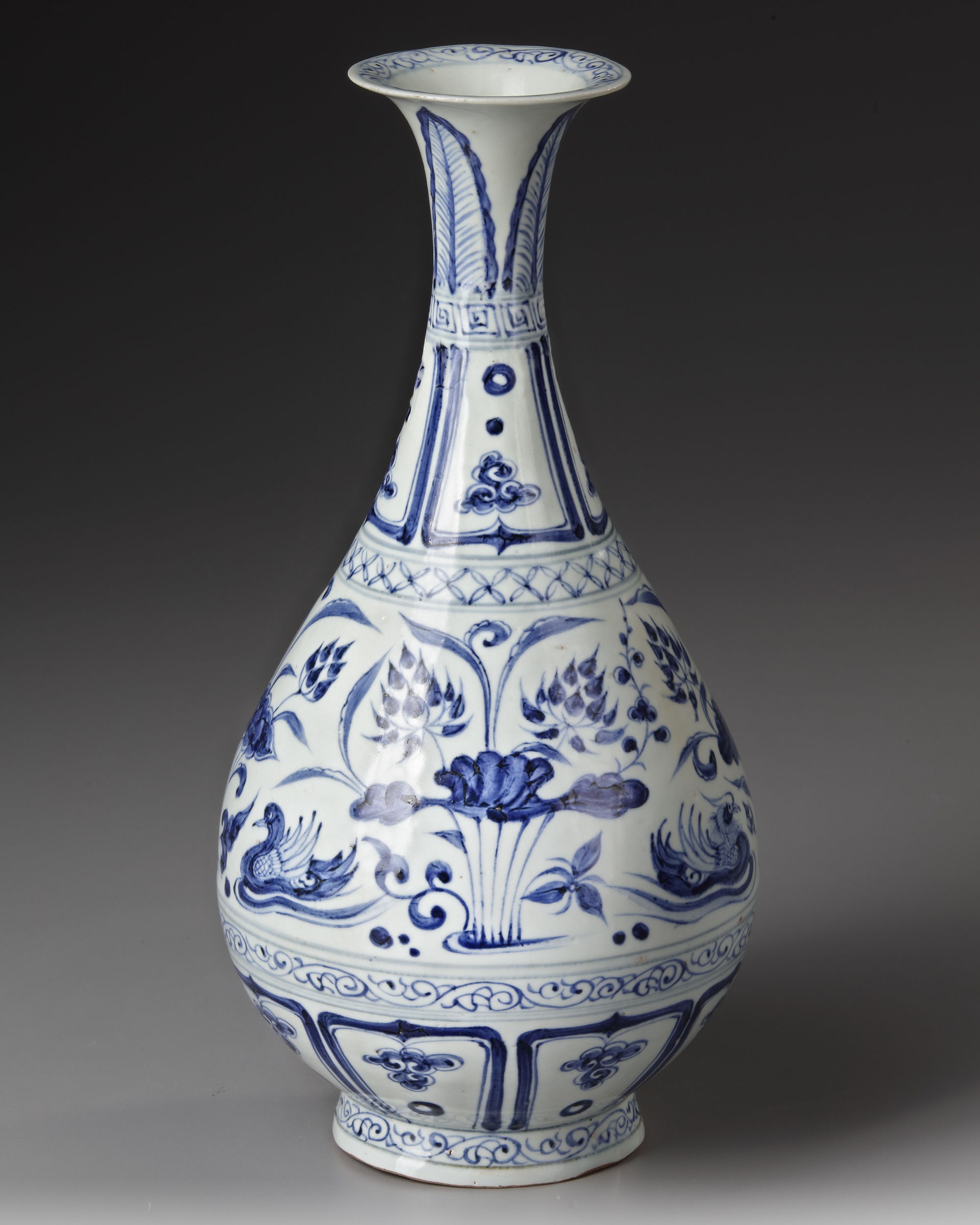 A CHINESE BLUE AND WHITE YUHUCHUNPING VASE, YUAN DYNASTY OR LATER