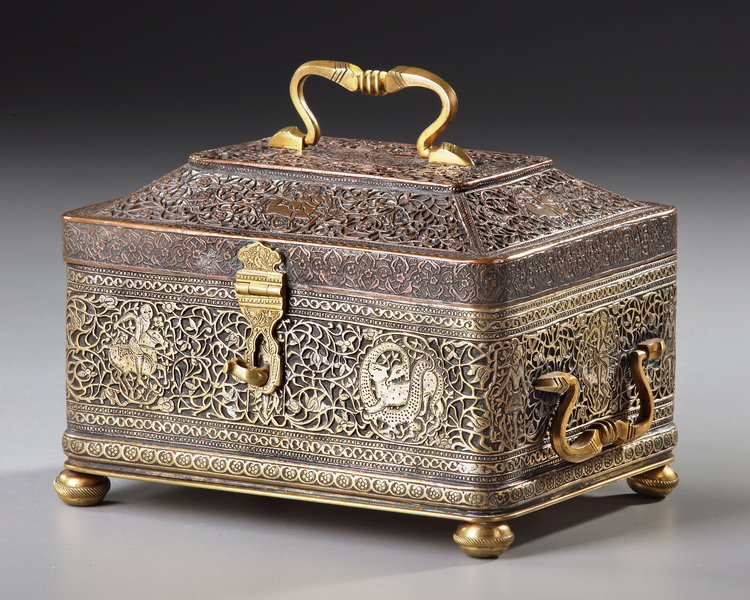 AN ENGRAVED AND PIERCED QAJAR BRASS CASKET, 18TH - 19TH CENTURY