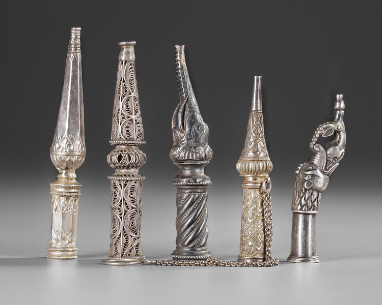 FIVE SILVER HOOKAH MOUTHPIECES, PERSO-INDIA, 19TH CENTURY