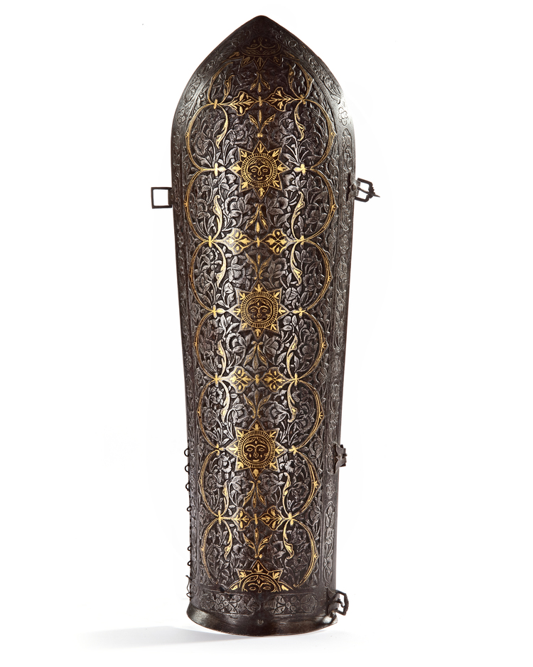 A QAJAR GOLD-DAMASCENED STEEL VAMBRACE (BAZUBAND), PERSIA, 19TH CENTURY