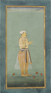 A STANDING PORTRAIT OF A MUGHAL NOBLE, GOUACHE HEIGHTENED WITH GOLD ON PAPER, INDIA, CIRCA 18TH CENTURY