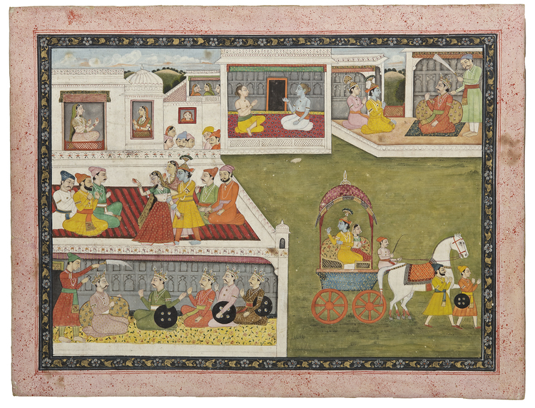 AN ILLUSTRATION FROM THE MAHABHARATA SERIES, KRISHNA RUNS AWAY WITH RUKHMANI, INDIA, KANGRA, CIRCA 1800