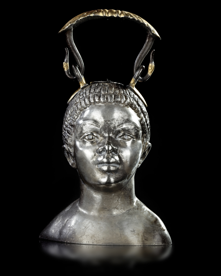 A SILVER BALSAMARIUM WITH THE BUST OF A YOUNG AFRICAN, 1ST CENTURY AD