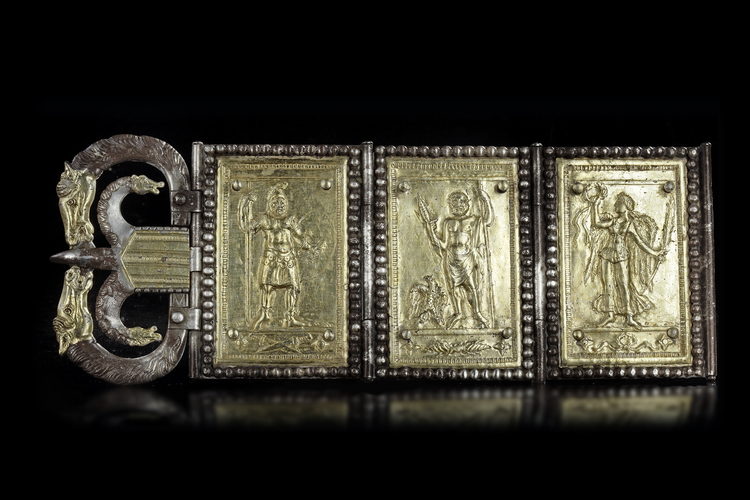 AN EXCEPTIONAL LATE ROMAN SILVER PARADE BELT FITTING WITH SILVER PARTIALLY GILT, LATE 4TH CENTURY AD