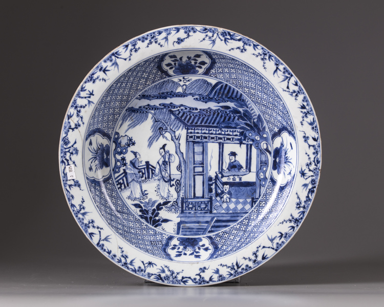 A large Chinese blue and white 'Romance of the Western Chamber' deep dish