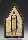 A BONE CARVED WOODEN PANEL OF THE VIRIGN WITH ANGELS