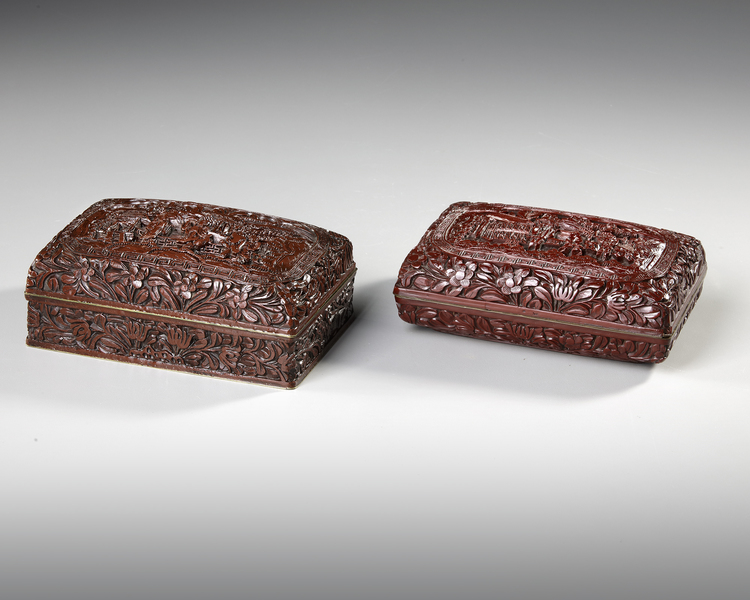 TWO CHINESE CARVED CINNABAR LACQUER  BOXES AND COVERS, 20TH CENTURY