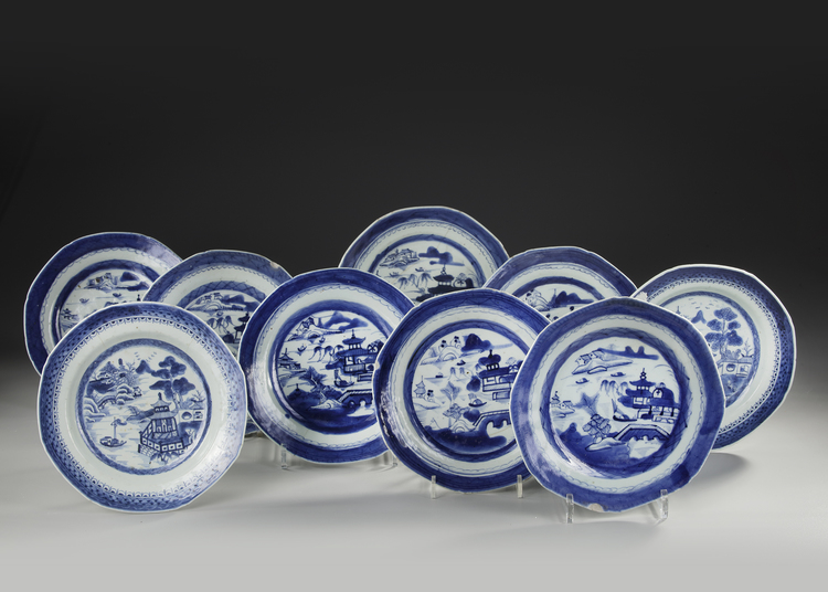 A COLLECTION OF NINE BLUE AND WHITE DISHES, 18TH CENTURY