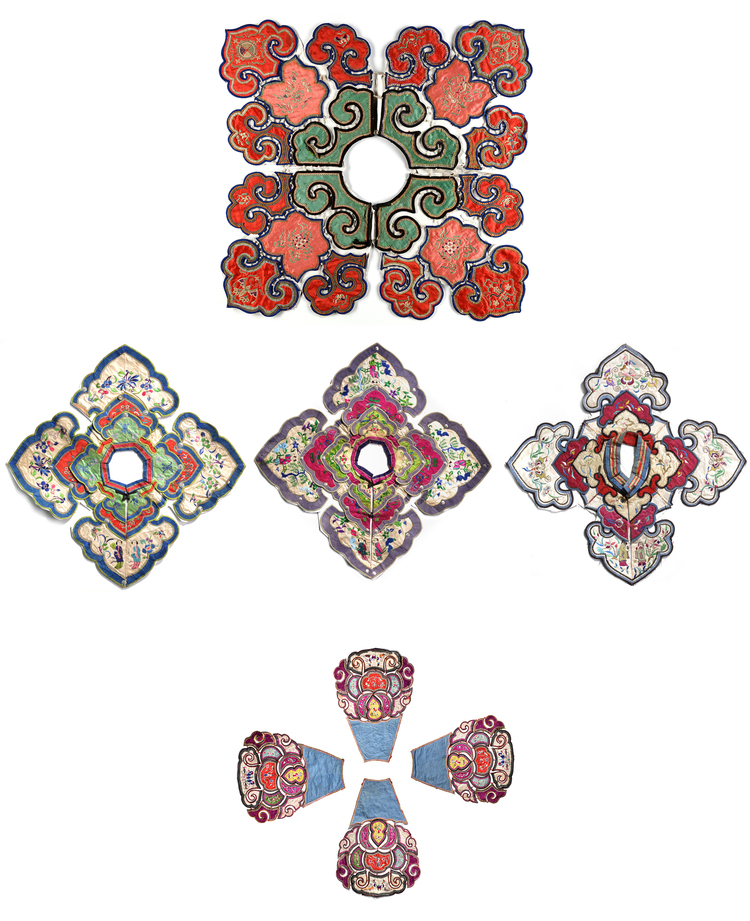 FIVE CHINESE YUN JIAN EMBROIDERED SILK CLOUD COLLARS, 20TH CENTURY