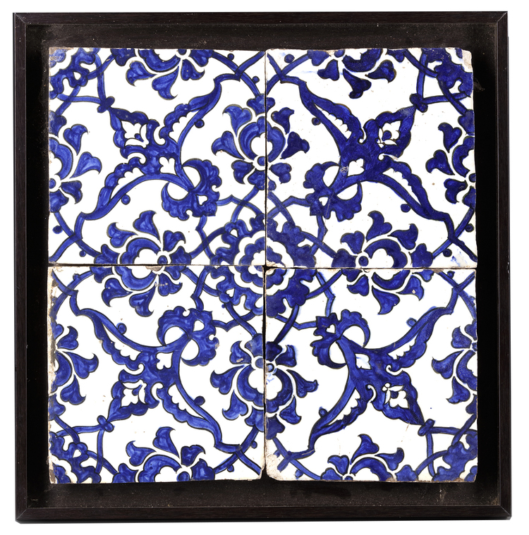 A PANEL OF FOUR  DOME OF THE ROCK' POTTERY TILES, SYRIA, 16TH CENTURY