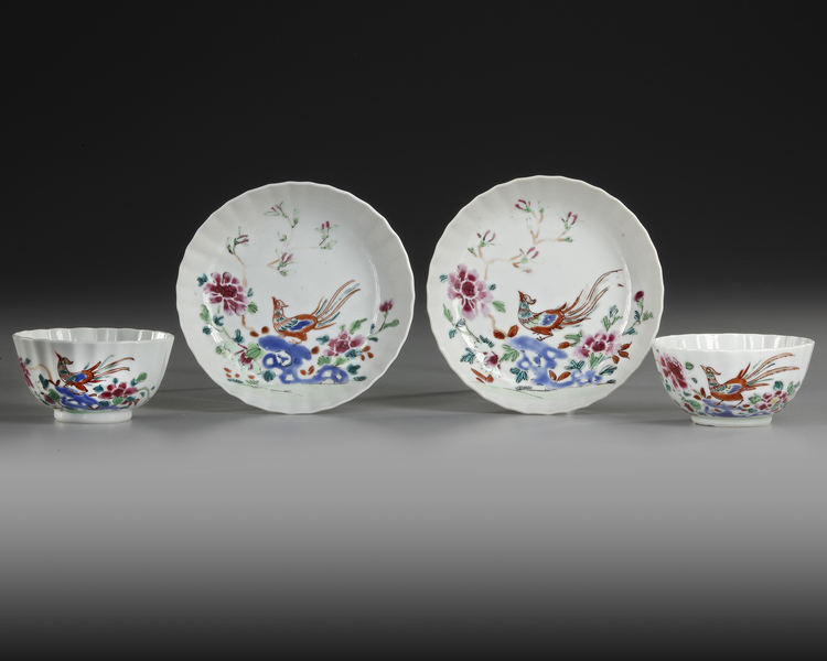 TWO PAIRS OF CHINESE FAMILLE ROSE CUPS AND SAUCERS, 18TH CENTURY