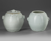 TWO CHINESE BLANC DE CHINE BARREL SHAPED JARS AND A COVER, 18TH CENTURY