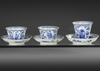 THREE CHINESE BLUE AND WHITE CUPS AND SAUCERS, 18TH CENTURY