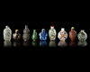 A COLLECTION OF 9 SNUFF BOTTLES IN VARIOUS MATERIALS, QING DYNASTY (1644-1911)