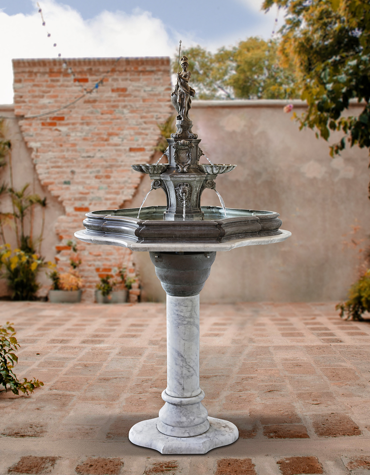 A PATINATED BRONZE AND MARBLE CONSERVATORY FOUNTAIN, FIRST QUARTER 20TH CENTURY