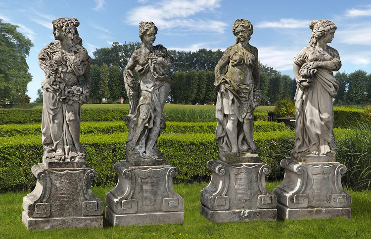 A SET OF FOUR SCULPTED LIMESTONE MODELS OF MAIDENS REPRESENTING THE FOUR SEASONS, LATE 19TH CENTURY
