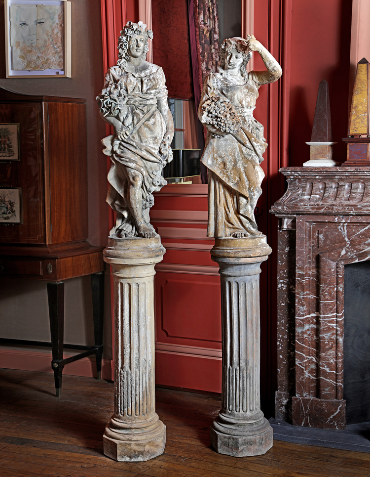 A PAIR OF TERRACOTTA FIGURES, EMBLEMATIC OF SPRING AND AUTUMN, 19TH CENTURY