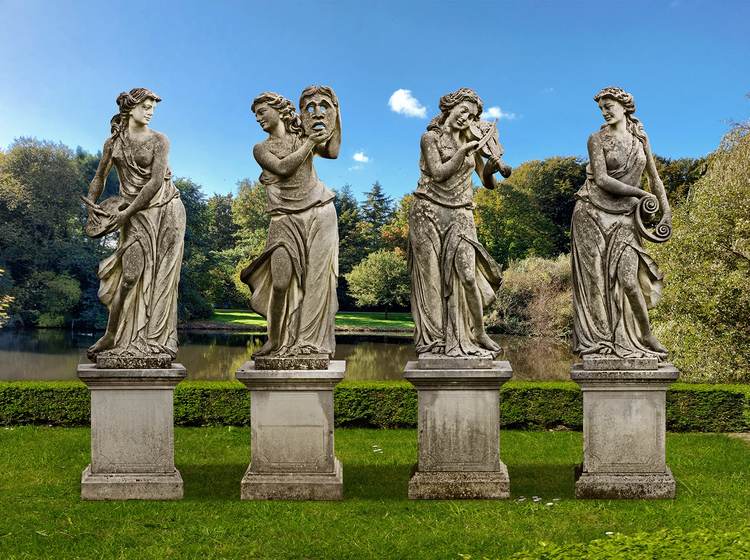 A SET OF FOUR SCULPTED LIMESTONE MODELS OF MAIDENS REPRESENTATIVE OF THE ARTS, SECOND HALF 20TH CENTURY