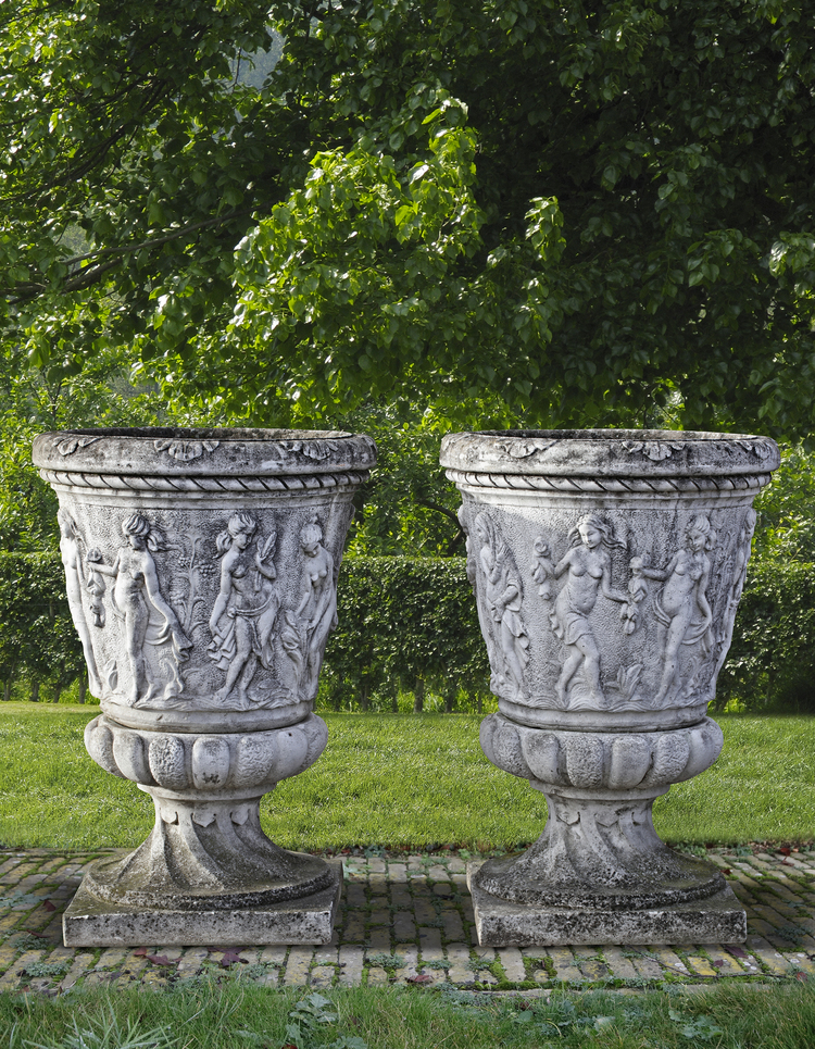 A PAIR OF LARGE COMPOSITION STONE GARDEN URNS, LATE 20TH CENTURY