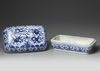 A CHINESE BLUE AND WHITE RECTANGULAR DRAGON BOX AND COVER, QING DYNASTY (1644–1911)