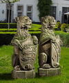 A PAIR SCULPTED SANDSTONE PIER FINIALS CARVED AS HERALDIC LIONS ALMOST CERTAINLY ENGLISH, 19TH CENTURY