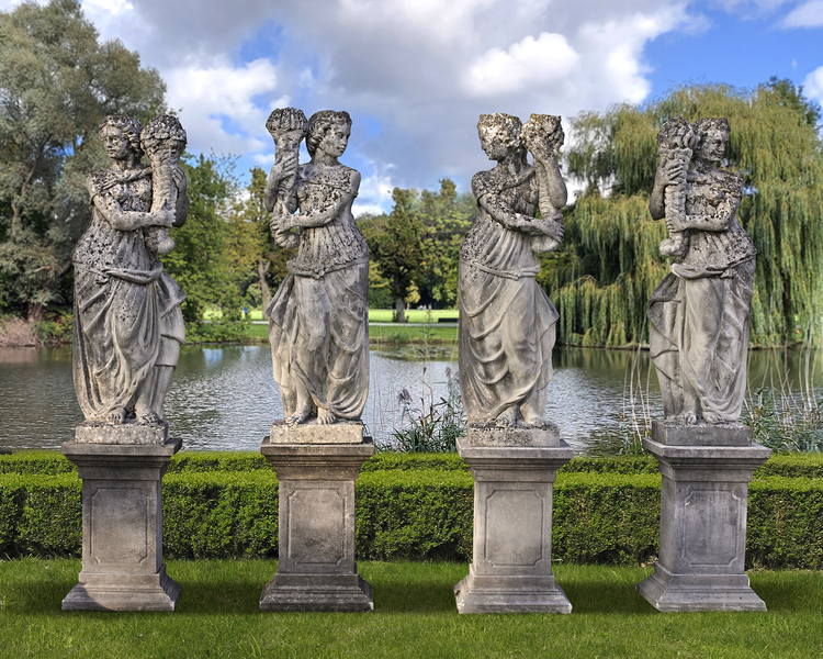 A SET OF FOUR SCULPTED LIMESTONE MODELS OF MAIDENS REPRESENTING THE FOUR SEASONS, LATE 19TH CENTURY