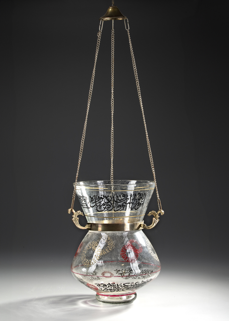 A MAMLUK-STYLE GLASS MOSQUE LAMP,  20TH CENTURY