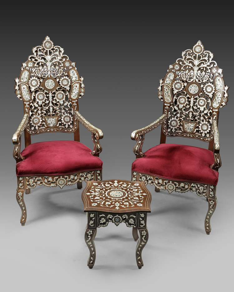 A PAIR OF MOTHER-OF-PEARL INLAID CHAIRS AND A TABLE, EARLY 20TH CENTURY