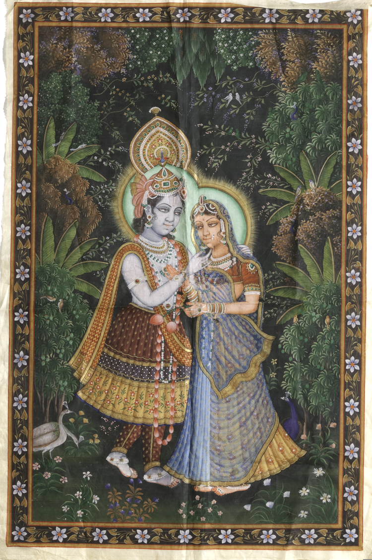 RADHA AND KRISHNA IN A GARDEN, RAJASTHAN NORTH INDIA, EARLT 20TH CENTURY