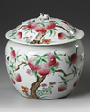 A CHINESE FAMILLE ROSE PEACH POT AND COVER, 20TH CENTURY