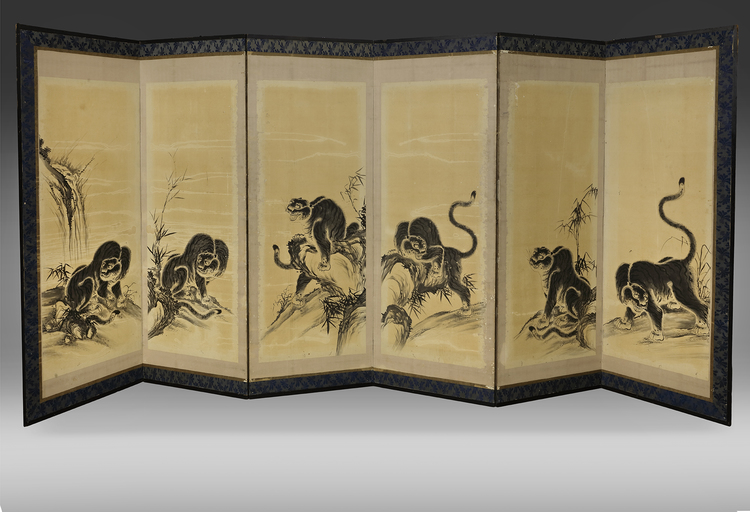 A LARGE JAPANESE SIX-PANEL BYÔBU (FOLDING SCREEN) WITH TIGERS, 19TH CENTURY
