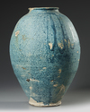 A LARGE POST SASSANIAN TURQUOISE GLAZED POTTERY STORAGE JAR, PERSIA, 6TH-8TH CENTURY