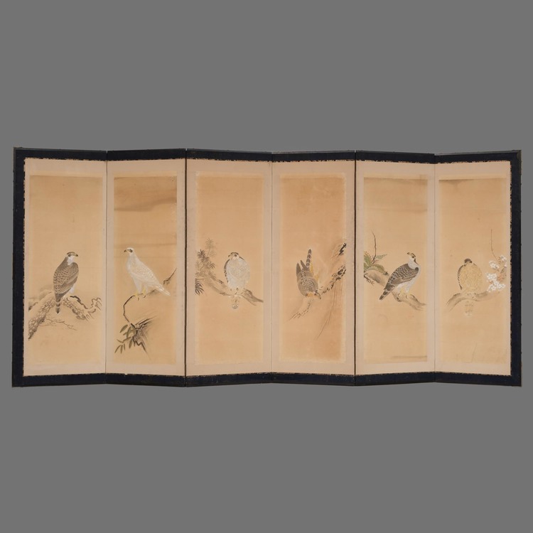 A LARGE JAPANESE SIX-PANEL SCREEN WITH HAWKS, FIRST HALF 19TH CENTURY (LATE EDO PERIOD)