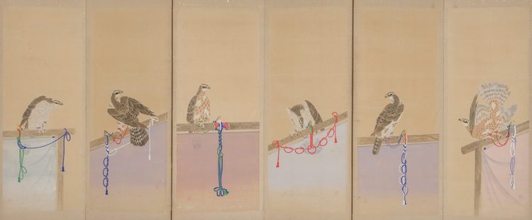A LARGE JAPANESE SIX-PANEL SCREEN WITH HAWKS, FIRST HALF 19TH CENTURY (LATE EDO PERIOD)