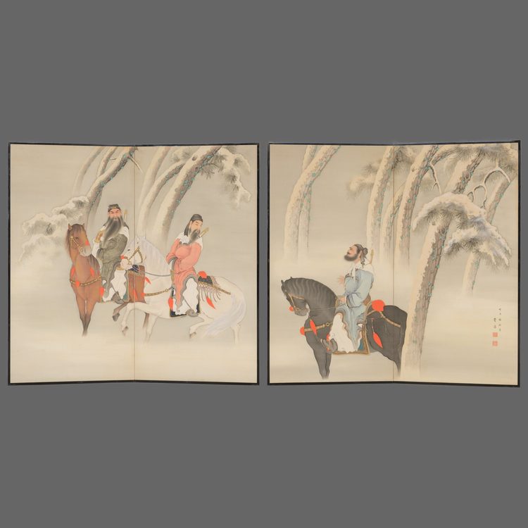 A JAPANESE SET OF 2 TALL 2-PANEL SCREENS DEPICTING CHINESE WARRIORS, 1918