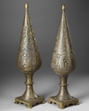 A PAIR OF LARGE QAJAR BRASS ENGRAVED INCENSE BURNERS, 19TH CENTURY