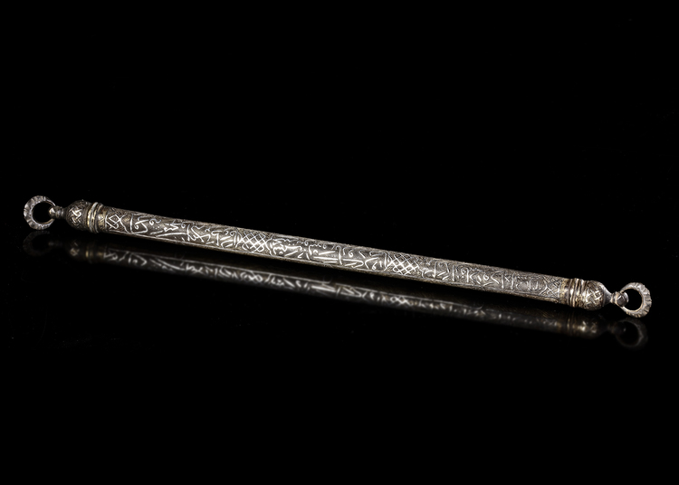 A TIMURID SILVER INLAID BRONZE SCROLL HOLDER, 14TH-15TH CENTURY