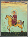 AN EQUESTRIAN PORTRAIT OF AKBAR, INDIAN SCHOOL 19TH-20TH CENTURY