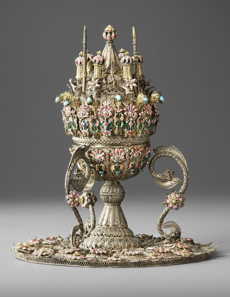 A FINE OTTOMAN PARCEL-GILT ENAMELLED SILVER FILIGREE CENSER, 18TH CENTURY
