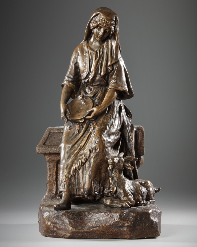 A REGULATED STATUE OF A SHEPERDESS, SIGNED BY MEDNAT, EARLY 20TH CENTURY, 1900