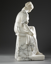 AN ALABASTER AND MARBLE SCULPTURE OF A SEATED WOMAN ROLLING WOOL, CIRCA 1890